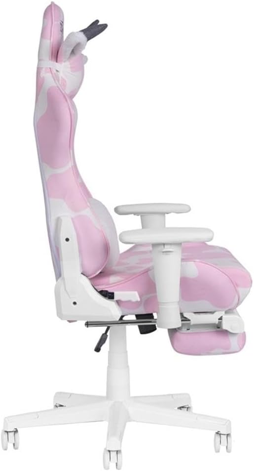 Pemberly Row Modern Gaming Chair, Pink Cow Print Velvet-Like Fabric, Memory Foam Seat, Retractable Footrest, Adjustable Armrests, Durable Steel Frame, 300 lbs Capacity, Ergonomic Design for Gaming or