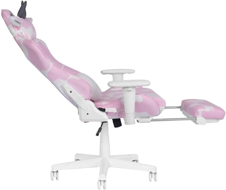 Pemberly Row Modern Gaming Chair, Pink Cow Print Velvet-Like Fabric, Memory Foam Seat, Retractable Footrest, Adjustable Armrests, Durable Steel Frame, 300 lbs Capacity, Ergonomic Design for Gaming or