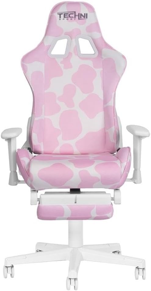 Pemberly Row Modern Gaming Chair, Pink Cow Print Velvet-Like Fabric, Memory Foam Seat, Retractable Footrest, Adjustable Armrests, Durable Steel Frame, 300 lbs Capacity, Ergonomic Design for Gaming or