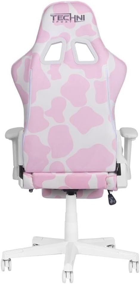 Pemberly Row Modern Gaming Chair, Pink Cow Print Velvet-Like Fabric, Memory Foam Seat, Retractable Footrest, Adjustable Armrests, Durable Steel Frame, 300 lbs Capacity, Ergonomic Design for Gaming or