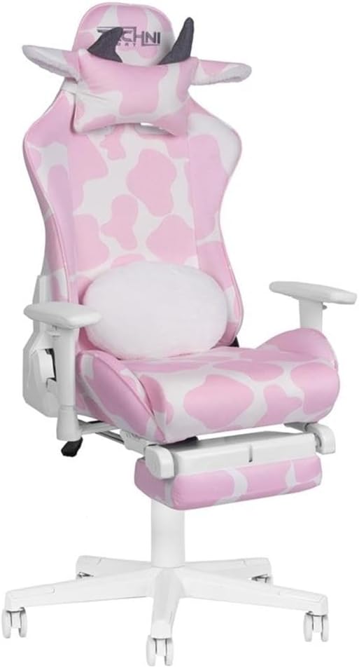Pemberly Row Modern Gaming Chair, Pink Cow Print Velvet-Like Fabric, Memory Foam Seat, Retractable Footrest, Adjustable Armrests, Durable Steel Frame, 300 lbs Capacity, Ergonomic Design for Gaming or