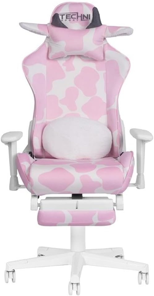 Pemberly Row Modern Gaming Chair, Pink Cow Print Velvet-Like Fabric, Memory Foam Seat, Retractable Footrest, Adjustable Armrests, Durable Steel Frame, 300 lbs Capacity, Ergonomic Design for Gaming or