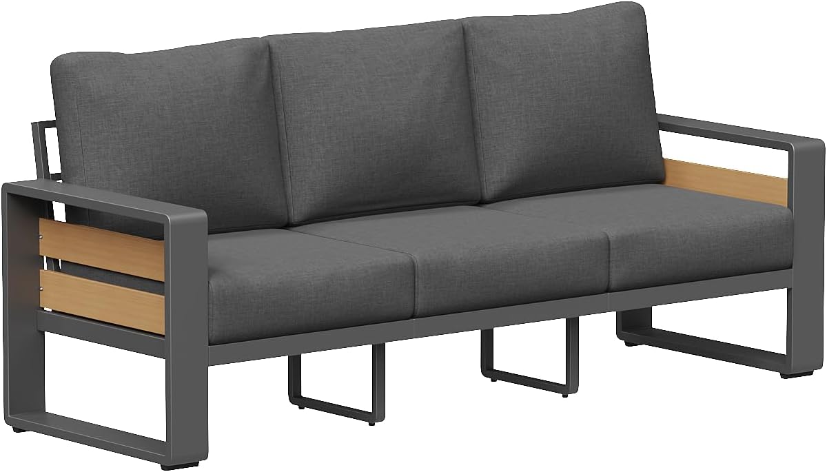 Aoxun Aluminum Outdoor Patio Furniture Set, 3 Seats Metal Sectional Patio Furniture, Modern Outside Sectional Set for Backyard, 3-Seat Sofa ×1, Dark Grey & Dark Grey