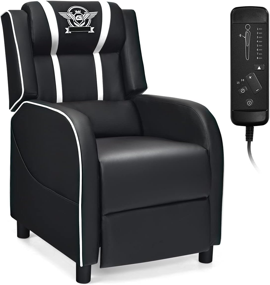 Giantex Gaming Recliner Chair, Adjustable Massage Gaming Chairs for Adults, Ergonomic Comfortable Lounge Leather Sofa w/Footrest, Remote Control, Side Pocket, Racing Style Single Sofa Recliners, White