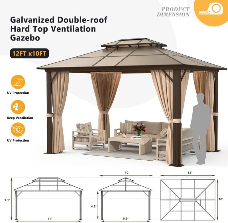 Hardtop Gazebo, 10FTx12FT Polycarbonate Double Top Canopy, Aluminum Frame Permanent Pavilion with Curtains and Netting, for Lawns, Patios, Gardens