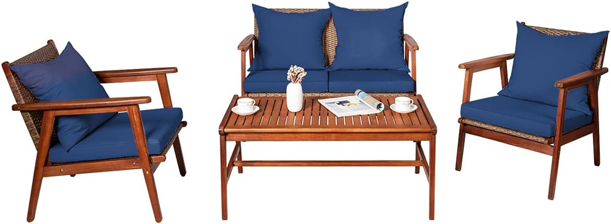Tangkula 4 PCS Patio Wood Sofa Set, Outdoor Acacia Wood Seating Chat Set with Cushions & Coffee Table, Sectional Conversation Sofa Set for Garden, Backyard, Poolside (1, Blue)