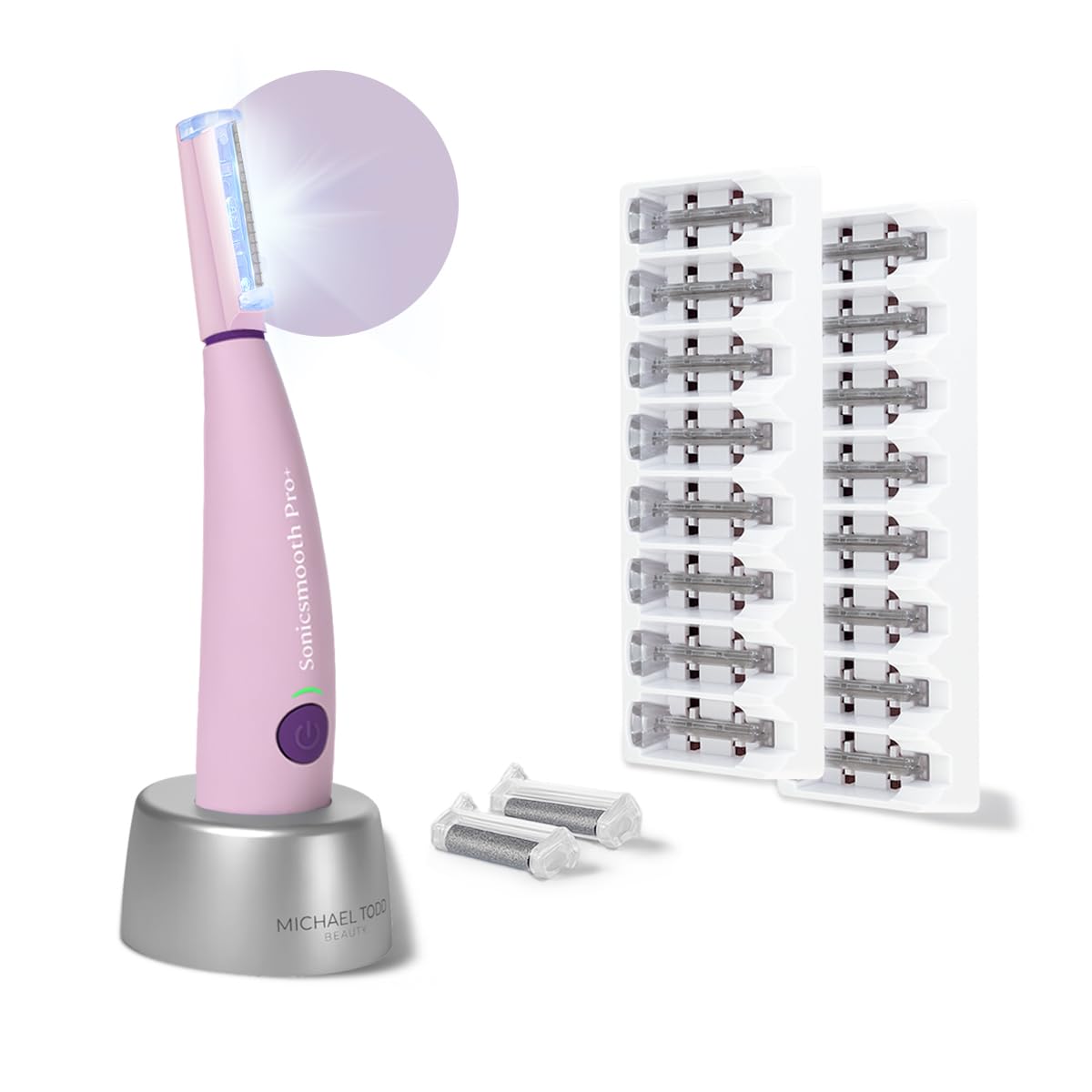Michael Todd Beauty Sonicsmooth Pro+ Dermaplane Razor for Women Face + Eyebrow Trimmer Dermaplaning System w/LED Light Peach Fuzz Remover -16 Dermaplaning Blades & 2 Microsmooth Exfoliation Tips