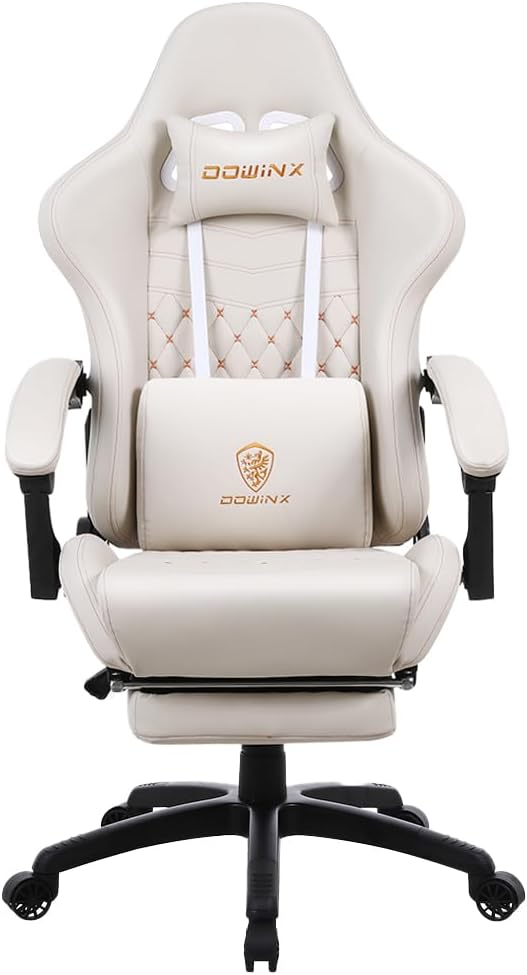 Dowinx Gaming Chair Big and Tall, Ergonomic Game Chair for Adults with Footrest and Massage Lumbar Support, High Back Computer Gamer Chair PU Leather, 350Lbs, for Office, Home, Ivory