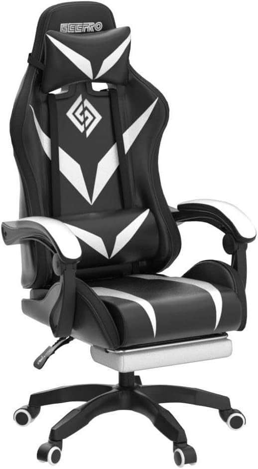 Gaming Chair with Bluetooth Speakers and RGB LED Lights Ergonomic Massage Computer Gaming Chair with Footrest Video Game Chair High Back with Lumbar Support White and Black