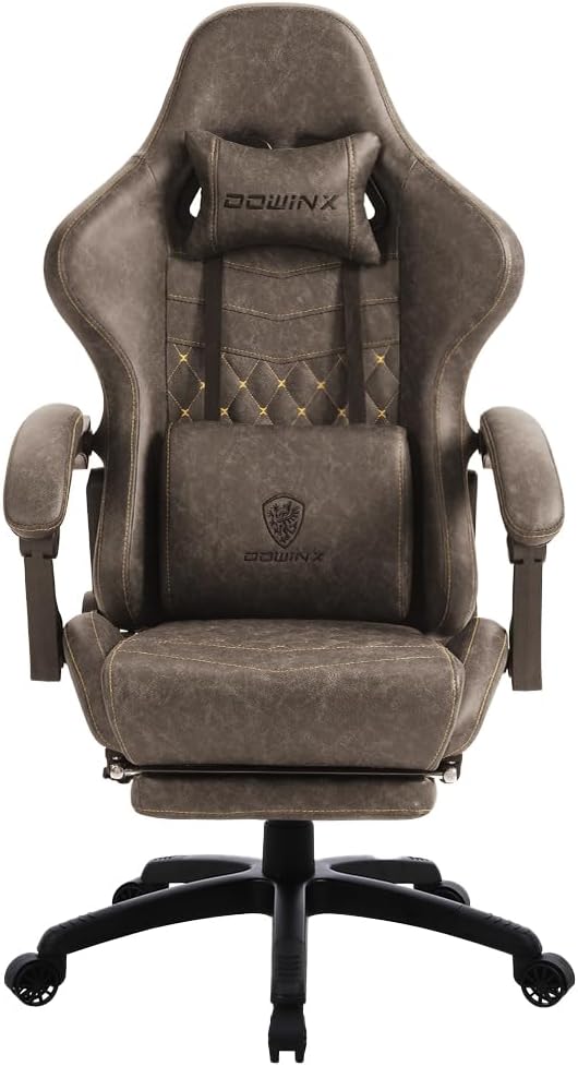 Dowinx Gaming Chair Big and Tall, Ergonomic Game Chair for Adults with Footrest and Massage Lumbar Support, High Back Computer Gamer Chair PU Leather, 350Lbs, for Office, Home, Brown