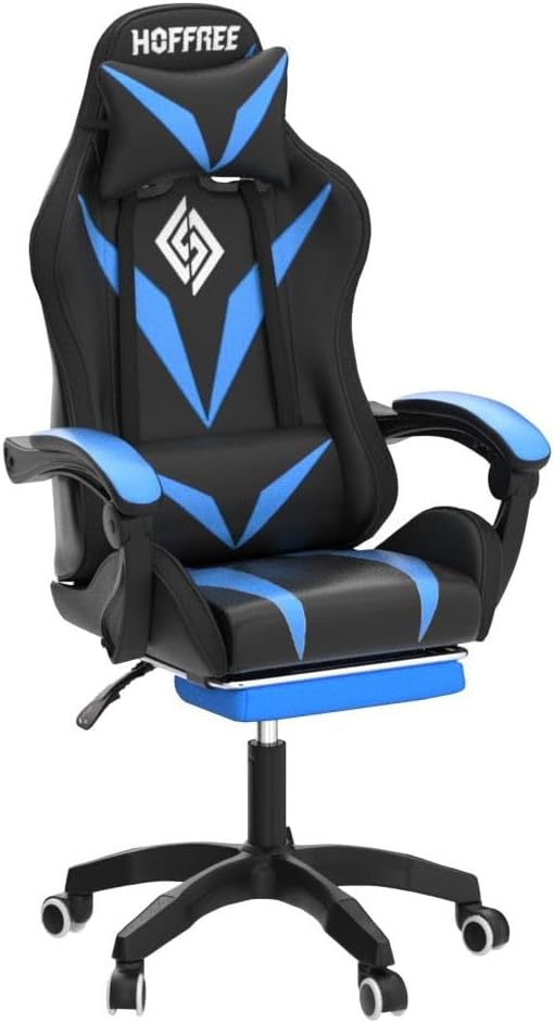 RGB Gaming Chair with Bluetooth Speakers and LED Lights Ergonomic Massage Computer Gaming Chair with Footrest Video Game Chair High Back with Lumbar Support Blue and Black