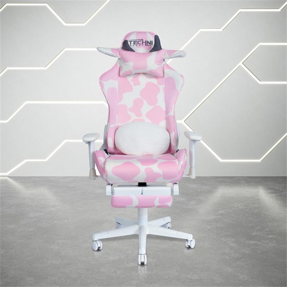 Pemberly Row Modern Gaming Chair, Pink Cow Print Velvet-Like Fabric, Memory Foam Seat, Retractable Footrest, Adjustable Armrests, Durable Steel Frame, 300 lbs Capacity, Ergonomic Design for Gaming or