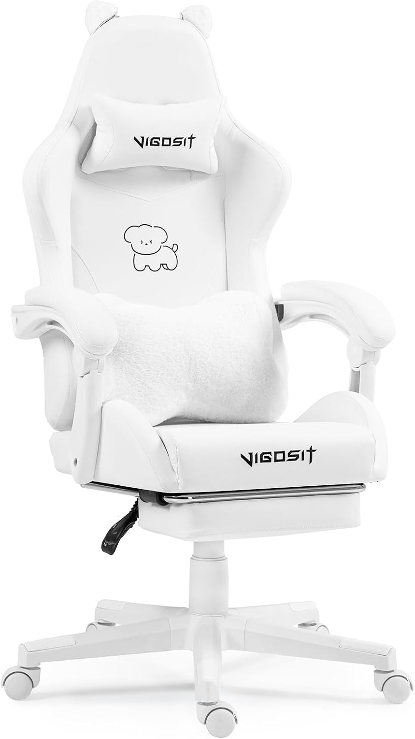 VlGOSlT Cat Ear Gaming Chair with Footrest - Adjustable Lumbar Support, 310lbs Capacity.Removable Cute Ears, Cotton-Filled Ergonomic Computer Chair for Girls/Teens (White)