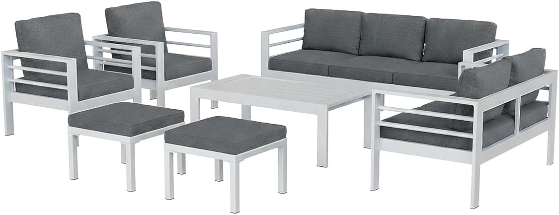 AECOJOY Aluminum Patio Furniture Armchair with Ottoman, Set of 2, Modern Outdoor Furniture with Washable 5 inch Thick Cushion, Dark Gray Cushion