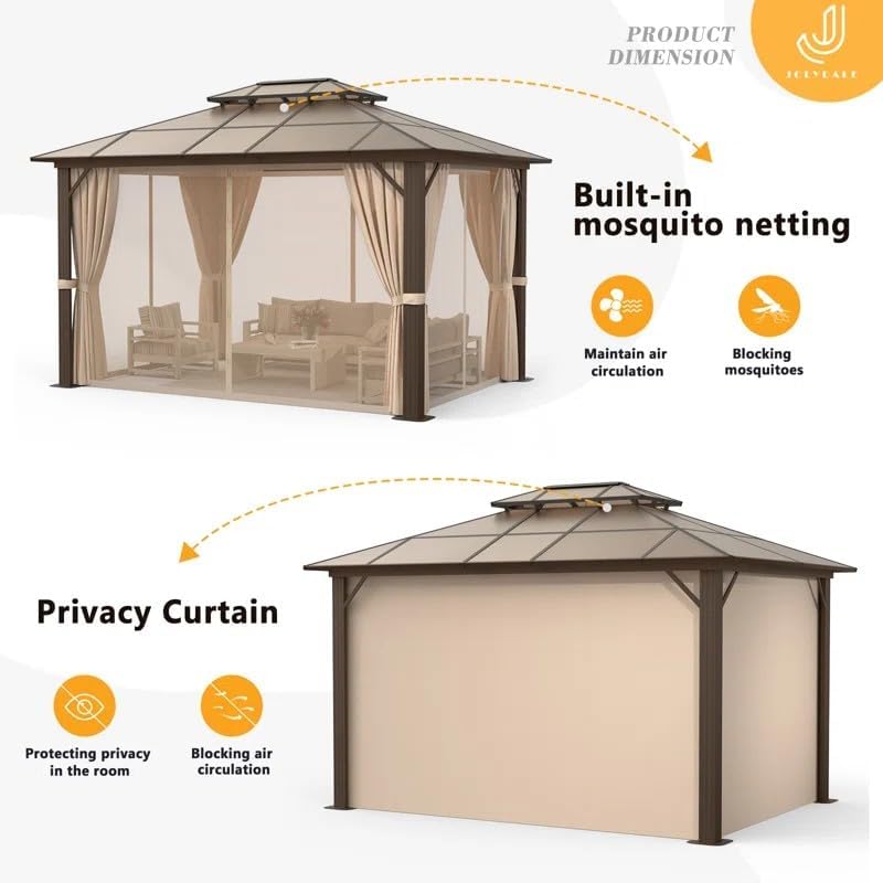 Hardtop Gazebo, 10FTx12FT Polycarbonate Double Top Canopy, Aluminum Frame Permanent Pavilion with Curtains and Netting, for Lawns, Patios, Gardens