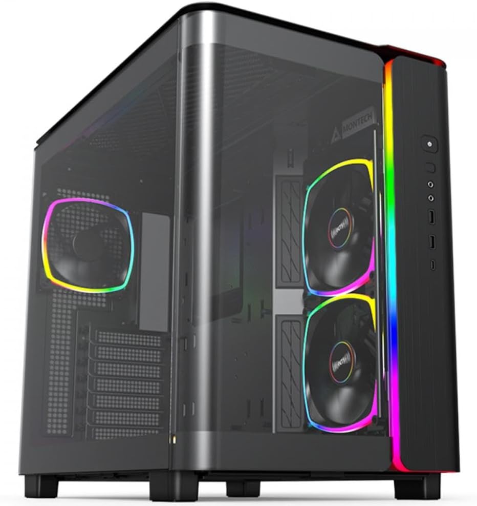 MONTECH King 95 PRO Dual-Chamber ATX Mid-Tower PC Gaming Case, High-Airflow, Toolless Panels, Sturdy Curved Tempered Glass Front, 6 ARGB PWM Fan Pre-Installed with Fan Hub, Black