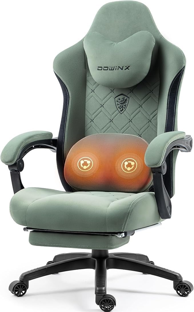 Dowinx Fabric Gaming Chair with Heated Massage Lumbar Support, Game Chairs for Adults, Big and Tall Gamer Chair with Pocket Spring Cushion, High Back PC Chairs with Footrest, Green