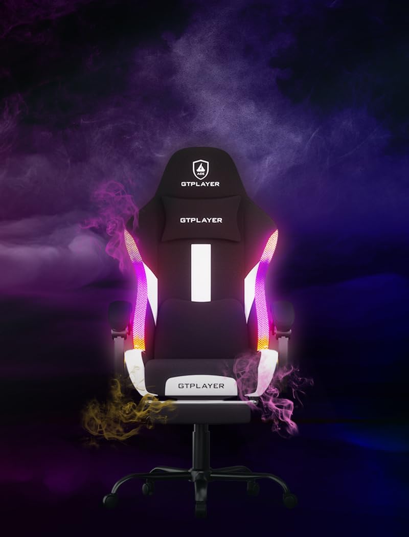 GTPLAYER RGB Gaming Chair with Footrest, LED Lights, Ergonomic Computer Chair with Linkage Armrest, Breathable Fabric for Home Office Desk - Video Game Chairs for Adults, Warm Red