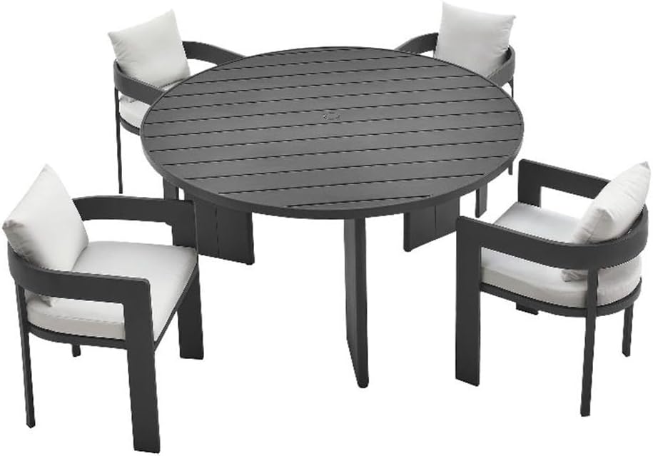 Modway Tahoe Outdoor Patio Powder-Coated Aluminum 5-Piece Dining Set in Gray White - Round Patio Furniture Set for 4 - Outside Table with Umbrella Hole and Cushioned Chairs - Modern Patio Set