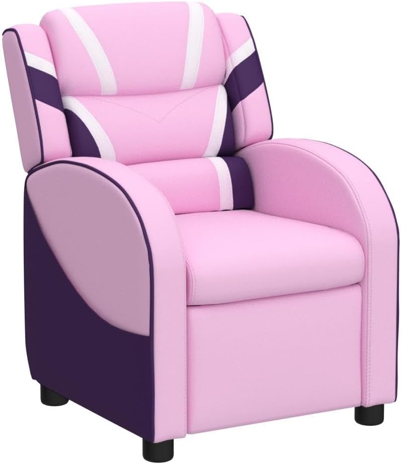 Costzon Kids Recliner, Gaming Recliner Chair w/Footrest, Headrest, Lumbar Support & Side Pockets, Ergonomic Leather Lounge Chair for Living & Gaming Room, Adjustable Recliner Sofa for Boys Girls, Pink