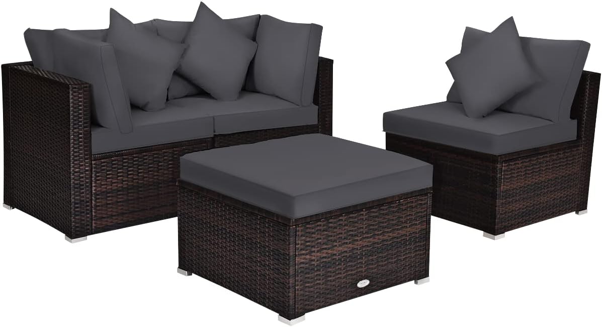 Tangkula 4 Pieces Patio Rattan Sofa Set, Outdoor Wicker Sectional Furniture Set, Patio Conversation Set with Removable Cushions & Pillows for Backyard Porch Garden Poolside Balcony (Gray)