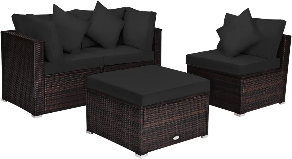 Tangkula 4 PCS Patio Rattan Sofa Set, Outdoor Wicker Sectional Furniture Set, Patio Conversation Set with Removable Cushions & Pillows for Backyard Porch Garden Poolside Balcony (Black)