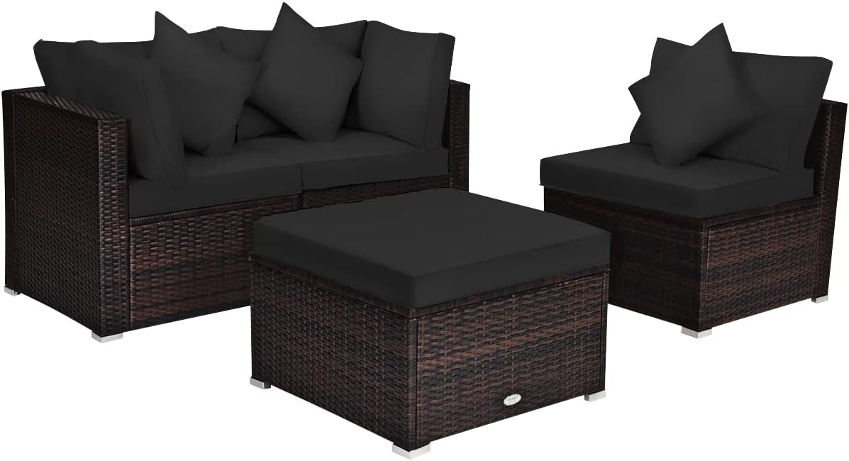 Tangkula 4 PCS Patio Rattan Sofa Set, Outdoor Wicker Sectional Furniture Set, Patio Conversation Set with Removable Cushions & Pillows for Backyard Porch Garden Poolside Balcony (Black)