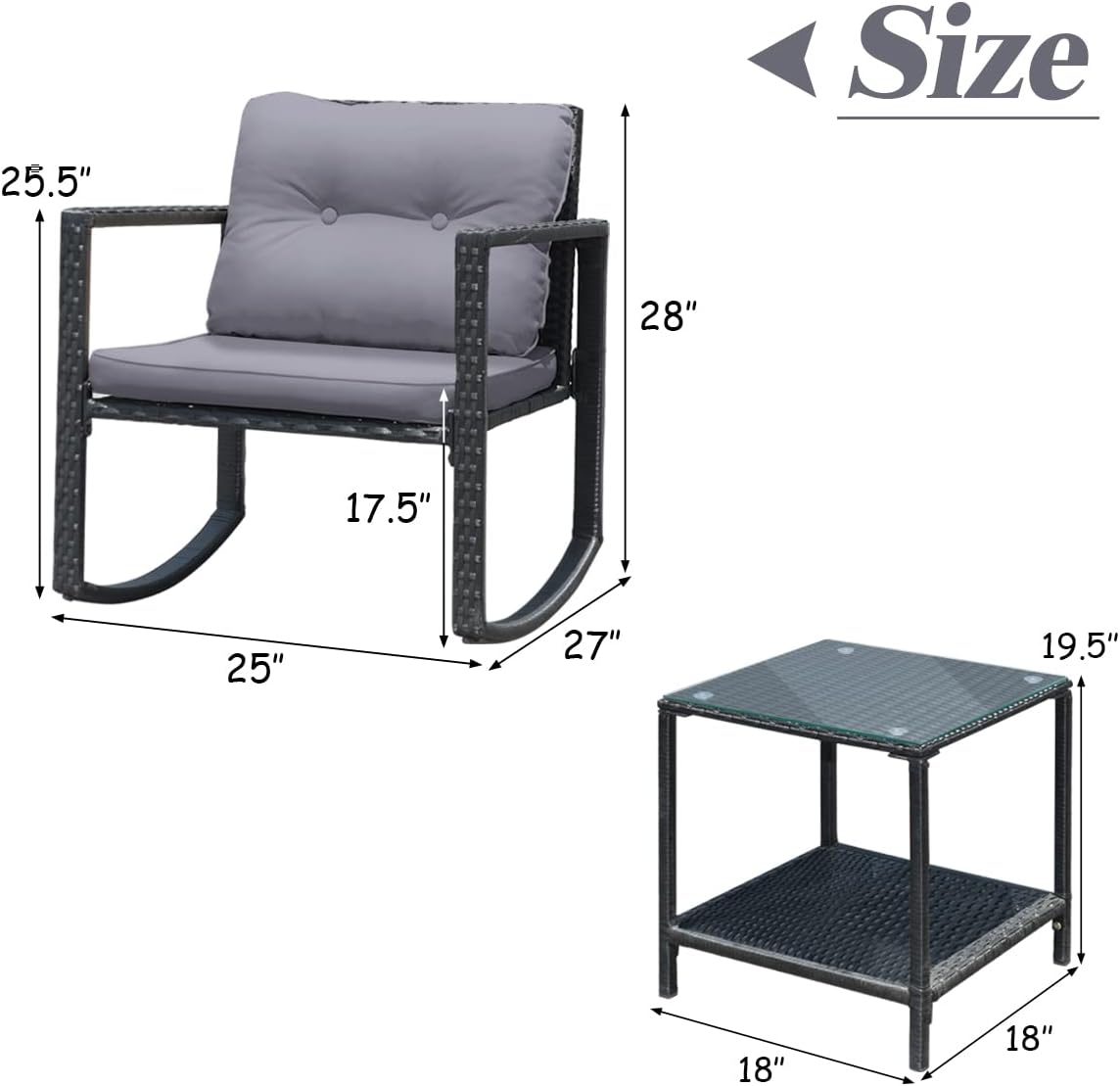 COSTWAY 3 Pieces Patio Rattan Rocking Chair Set, Outdoor Conversation Furniture Sets with Coffee Table, Storage Shelf and Cushions, Modern Bistro Set for Porch, Backyard, Garden, Gray