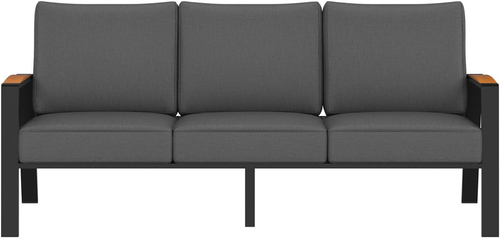 Outdoor Couch Aluminum Patio Furniture Set, All-Weather Metal 3-Seat Sofa with Solid Teak Armrest and Thick Cushions, Dark Gray