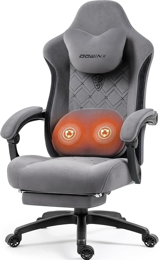 Dowinx Fabric Gaming Chair with Heated Massage Lumbar Support, Gaming Chairs for Adults, Big and Tall Gamer Chair with Pocket Spring Cushion and Footrest, Ergonomic Recliner Computer Chair, Grey