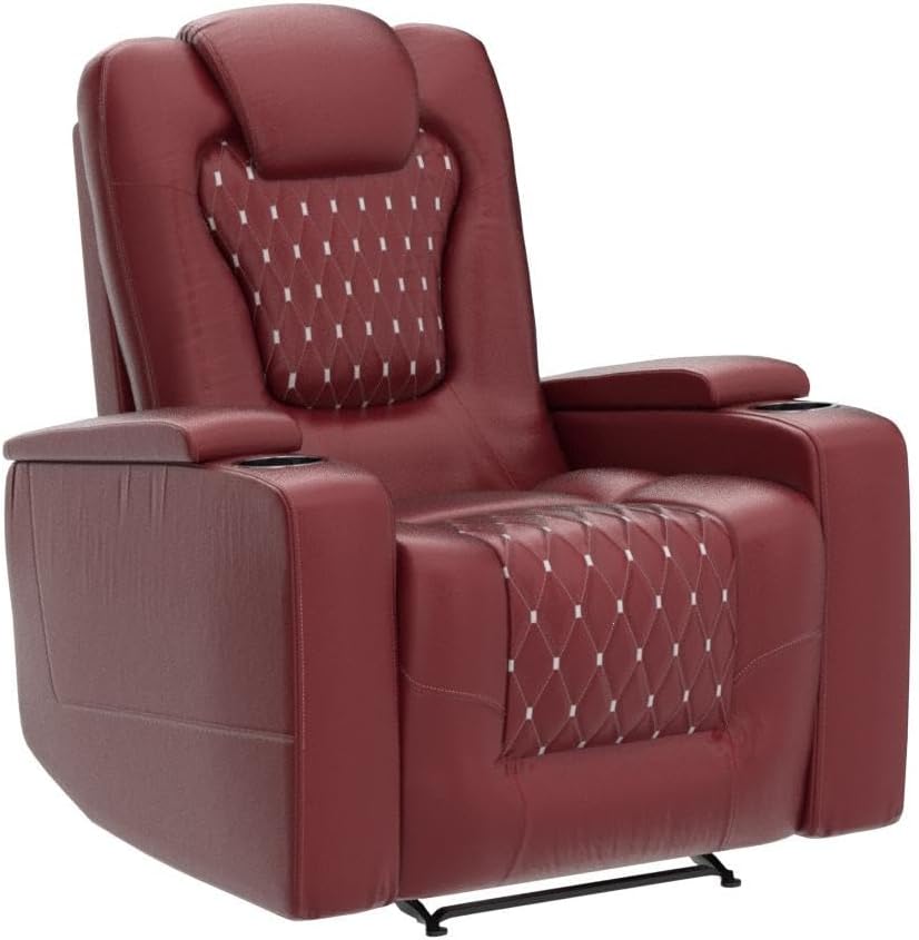 ANJ Power Recliner Chair with USB Ports and Cup Holders - Overstuffed Electric Home Theater Seating PU Leather Reclining Furniture with Hidden Arm Storage, Easy to Clean (Red)