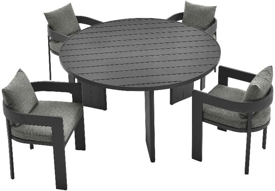 Modway Tahoe Outdoor Patio Powder-Coated Aluminum 5-Piece Dining Set in Gray Gray - Round Patio Furniture Set for 4 - Outside Table with Umbrella Hole and Cushioned Chairs - Modern Patio Set