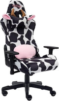 Pemberly Row Modern Gaming Chair, Cow Print Velvet-Like Fabric, Black/White, Adjustable Arms, 150° Recline, Memory Foam Seat, Lumbar Pillow, Durable Nylon Base, 250 lb Capacity, Home or Office Use