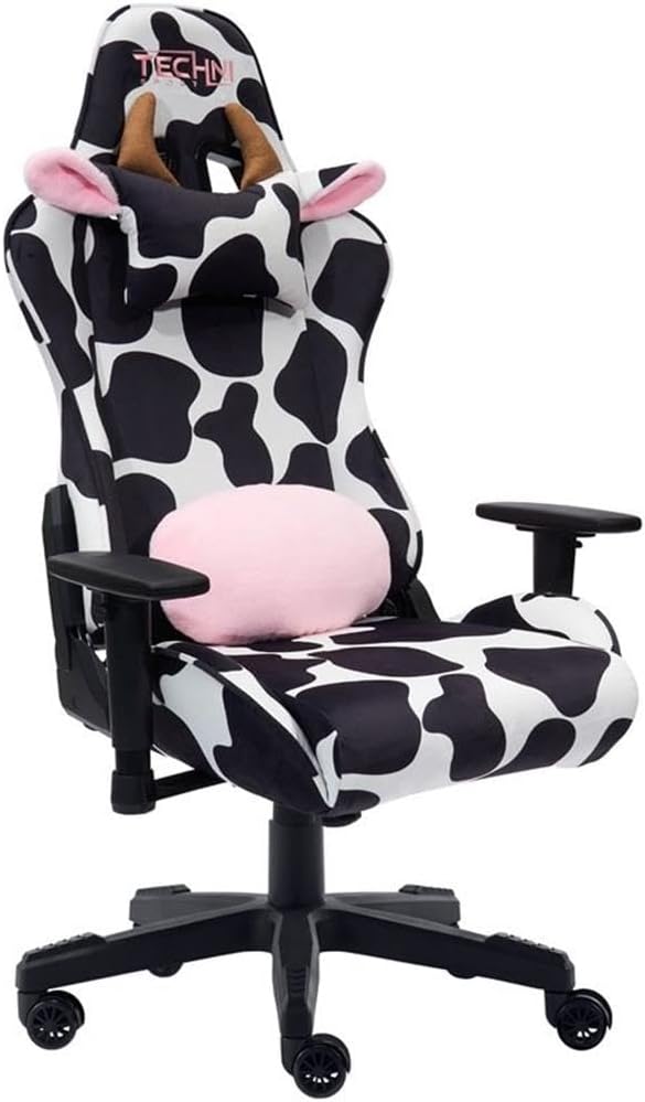Pemberly Row Modern Gaming Chair, Cow Print Velvet-Like Fabric, Black/White, Adjustable Arms, 150° Recline, Memory Foam Seat, Lumbar Pillow, Durable Nylon Base, 250 lb Capacity, Home or Office Use