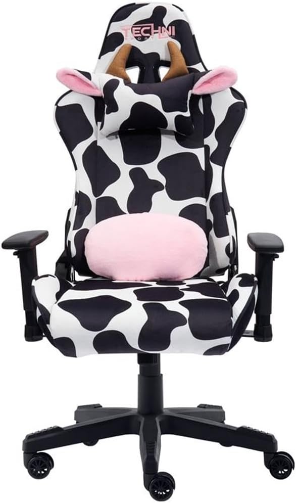 Pemberly Row Modern Gaming Chair, Cow Print Velvet-Like Fabric, Black/White, Adjustable Arms, 150° Recline, Memory Foam Seat, Lumbar Pillow, Durable Nylon Base, 250 lb Capacity, Home or Office Use