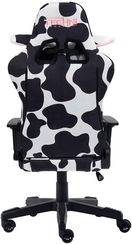 Pemberly Row Modern Gaming Chair, Cow Print Velvet-Like Fabric, Black/White, Adjustable Arms, 150° Recline, Memory Foam Seat, Lumbar Pillow, Durable Nylon Base, 250 lb Capacity, Home or Office Use
