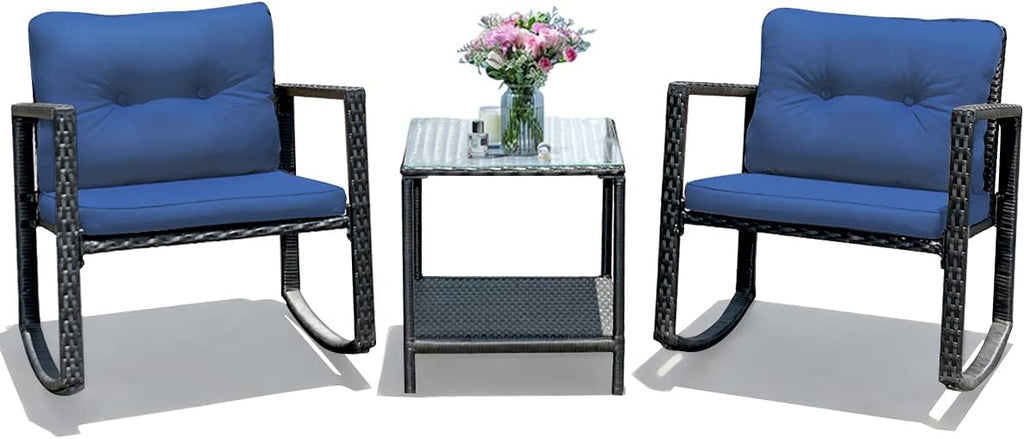 COSTWAY 3 Pieces Patio Rattan Rocking Chair Set, Outdoor Conversation Furniture Sets with Coffee Table, Storage Shelf and Cushions, Modern Bistro Set for Porch, Backyard, Garden, Navy