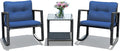 COSTWAY 3 Pieces Patio Rattan Rocking Chair Set, Outdoor Conversation Furniture Sets with Coffee Table, Storage Shelf and Cushions, Modern Bistro Set for Porch, Backyard, Garden, Navy