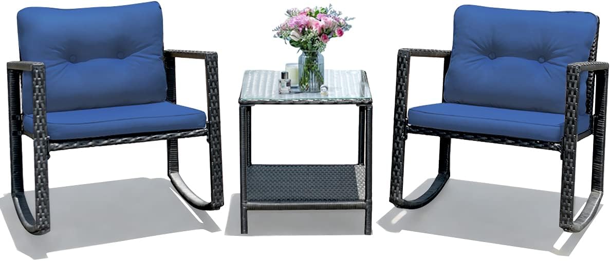 COSTWAY 3 Pieces Patio Rattan Rocking Chair Set, Outdoor Conversation Furniture Sets with Coffee Table, Storage Shelf and Cushions, Modern Bistro Set for Porch, Backyard, Garden, Navy