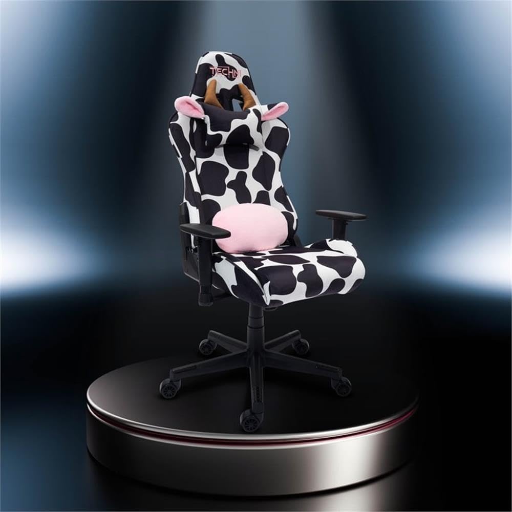 Pemberly Row Modern Gaming Chair, Cow Print Velvet-Like Fabric, Black/White, Adjustable Arms, 150° Recline, Memory Foam Seat, Lumbar Pillow, Durable Nylon Base, 250 lb Capacity, Home or Office Use