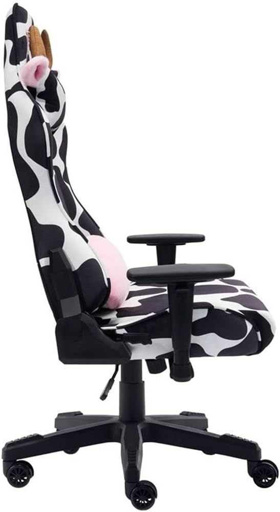 Pemberly Row Modern Gaming Chair, Cow Print Velvet-Like Fabric, Black/White, Adjustable Arms, 150° Recline, Memory Foam Seat, Lumbar Pillow, Durable Nylon Base, 250 lb Capacity, Home or Office Use