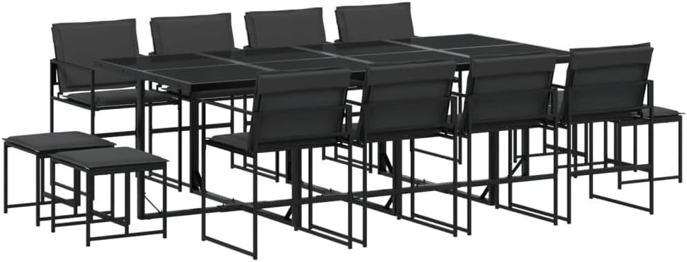 vidaXL Patio Dining Set with Cushions 17 Piece, Black Textilene, Foldable Chairs, Garden Furniture for Outdoor, Backyard, or Patio, Tempered Glass Tabletop, Removable Covers
