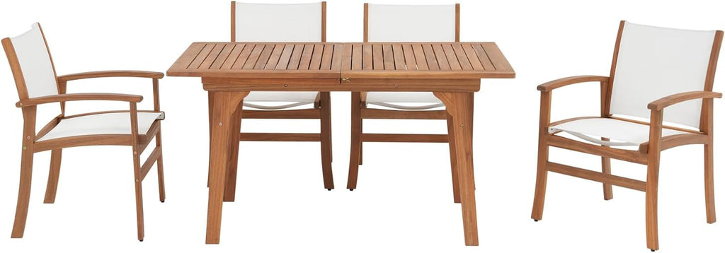 OC Orange-Casual Patio Furniture Set, Acacia Wood Patio Dining Set for 6-8, Outdoor Expandable Table and Chairs Set with Umbrella Hole and Breathable Textilene Fabric for Garden (White, 5 Pieces)