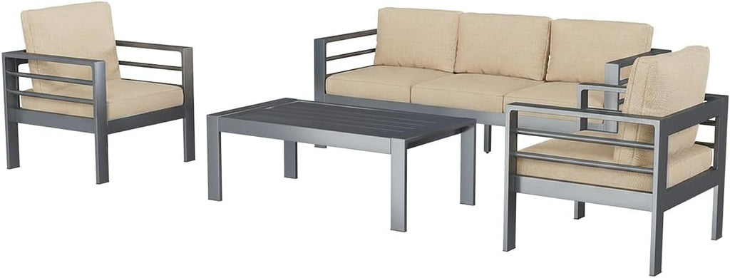 AECOJOY Aluminum Patio Furniture Loveseat, Modern Outdoor Furniture with Washable 5 inch Thick Cushion, Beige
