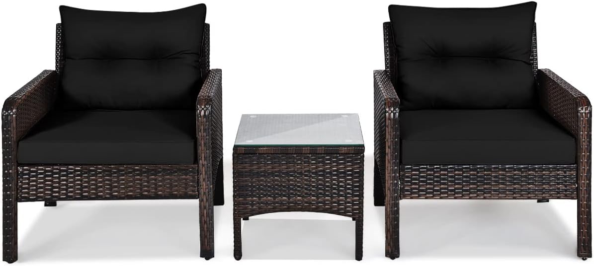 Tangkula 3 Piece Outdoor Patio Furniture Set, Wicker Chairs Set with Glass Top Coffee Table, Thick Cushions, All Weather Garden Lawn Poolside Backyard Porch Furniture Set for 2 (Black)