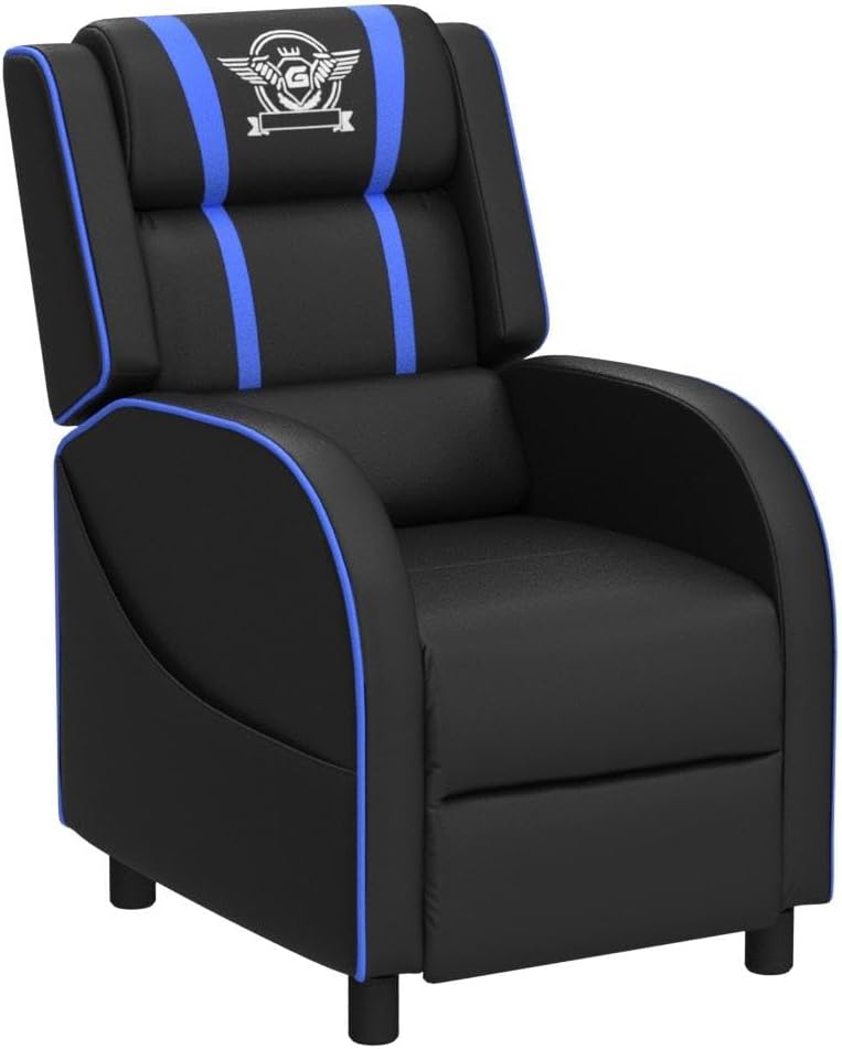 Giantex Gaming Recliner Chair, Adjustable Massage Gaming Chairs for Adults, Ergonomic Comfortable Lounge Leather Sofa w/Footrest, Remote Control & Side Pocket, Racing Style Single Sofa Recliners, Blue
