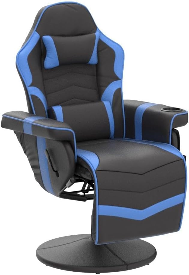 Gaming Chair, Reclining Gaming Chair with Footrest, PU Leather Game Chair Recliner with Massage, Swivel Recliner Gaming Chairs for Adults with Cup Holder, Lumbar Support, Side Pouch (Blue)