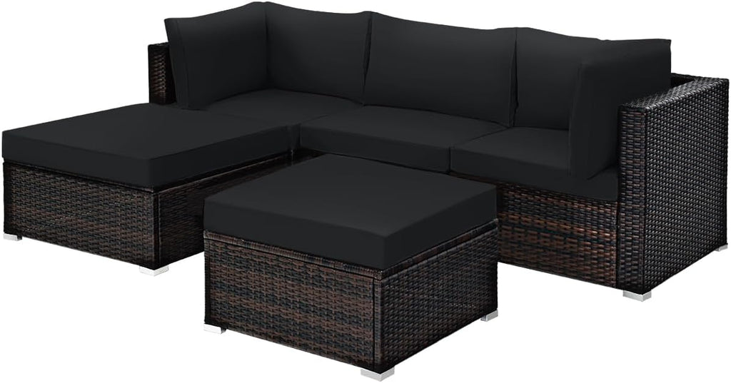 COSTWAY 5-Piece Outdoor Patio Furniture Set, Side Table, Ottoman and Lounge Sofa with Cushions, PE Rattan Conversation Set for Garden, Deck, Backyard (Black)