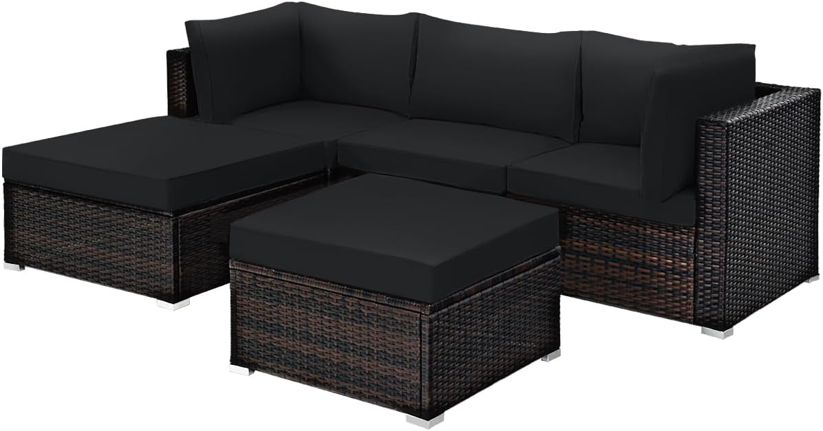 COSTWAY 5-Piece Outdoor Patio Furniture Set, Side Table, Ottoman and Lounge Sofa with Cushions, PE Rattan Conversation Set for Garden, Deck, Backyard (Black)