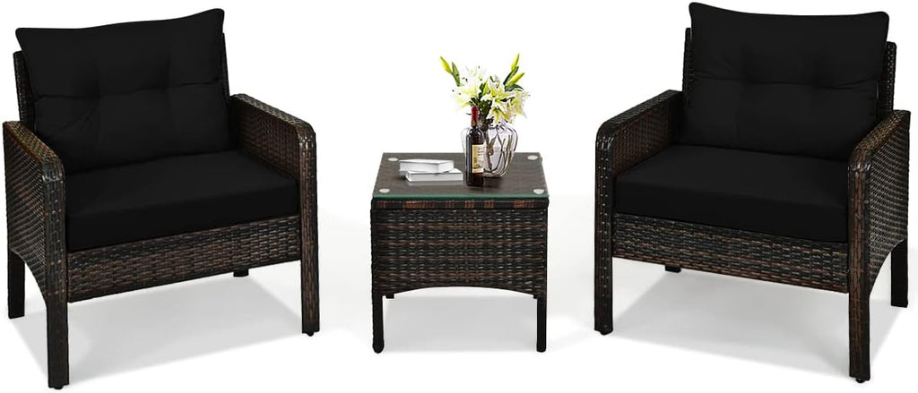 HAPPYGRILL 3 Pieces Patio Conversation Set Outdoor Rattan Wicker Furniture Set with Coffee Table & Chairs Patio Bistro with Seat Cushions for Garden Balcony Backyard Poolside